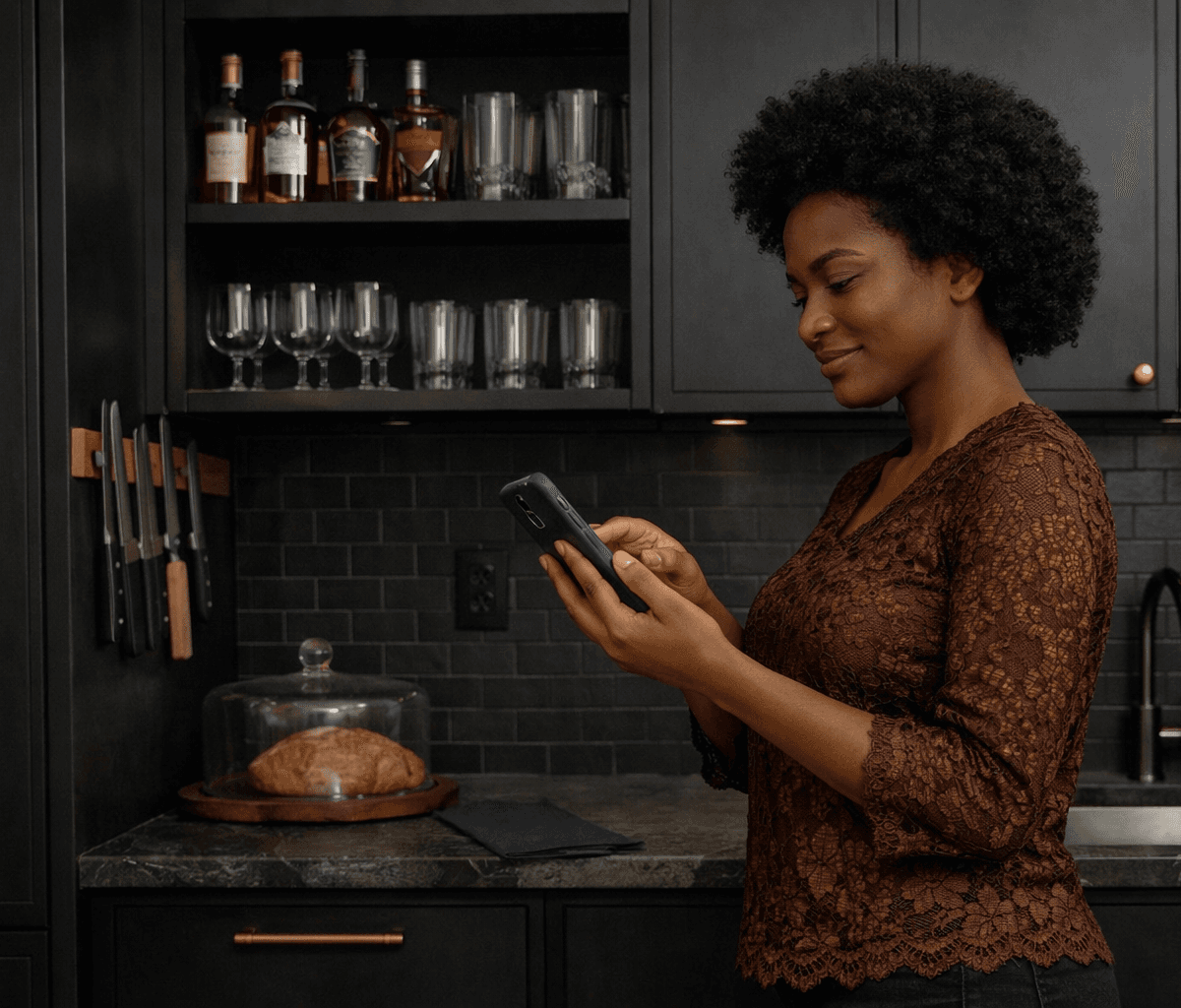 Woman standing in a kitchen pressing her phone